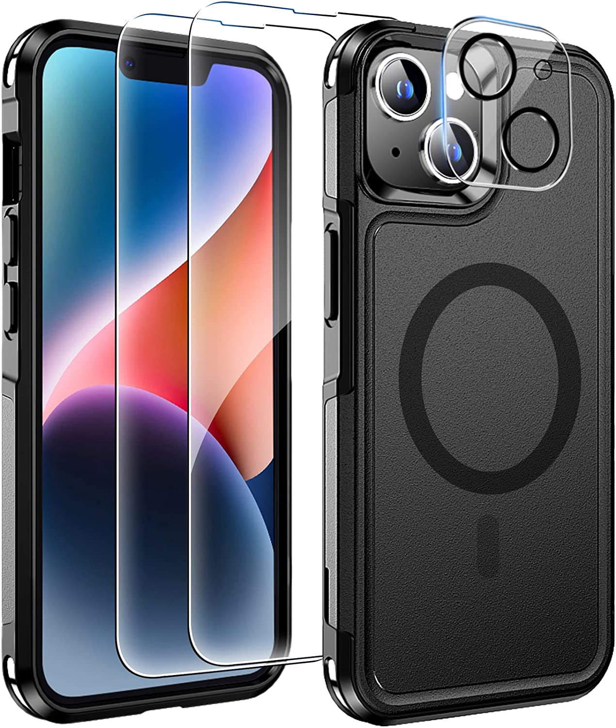 Xiwxi Magnetic for Iphone 14 Case [Compatible with Magsafe][Military Grade Drop Protection] [Glass Screen Protector+Camera Lens Protector] Non-Slip Full-Body Shockproof Phone Case,Red  xiwxi Black  