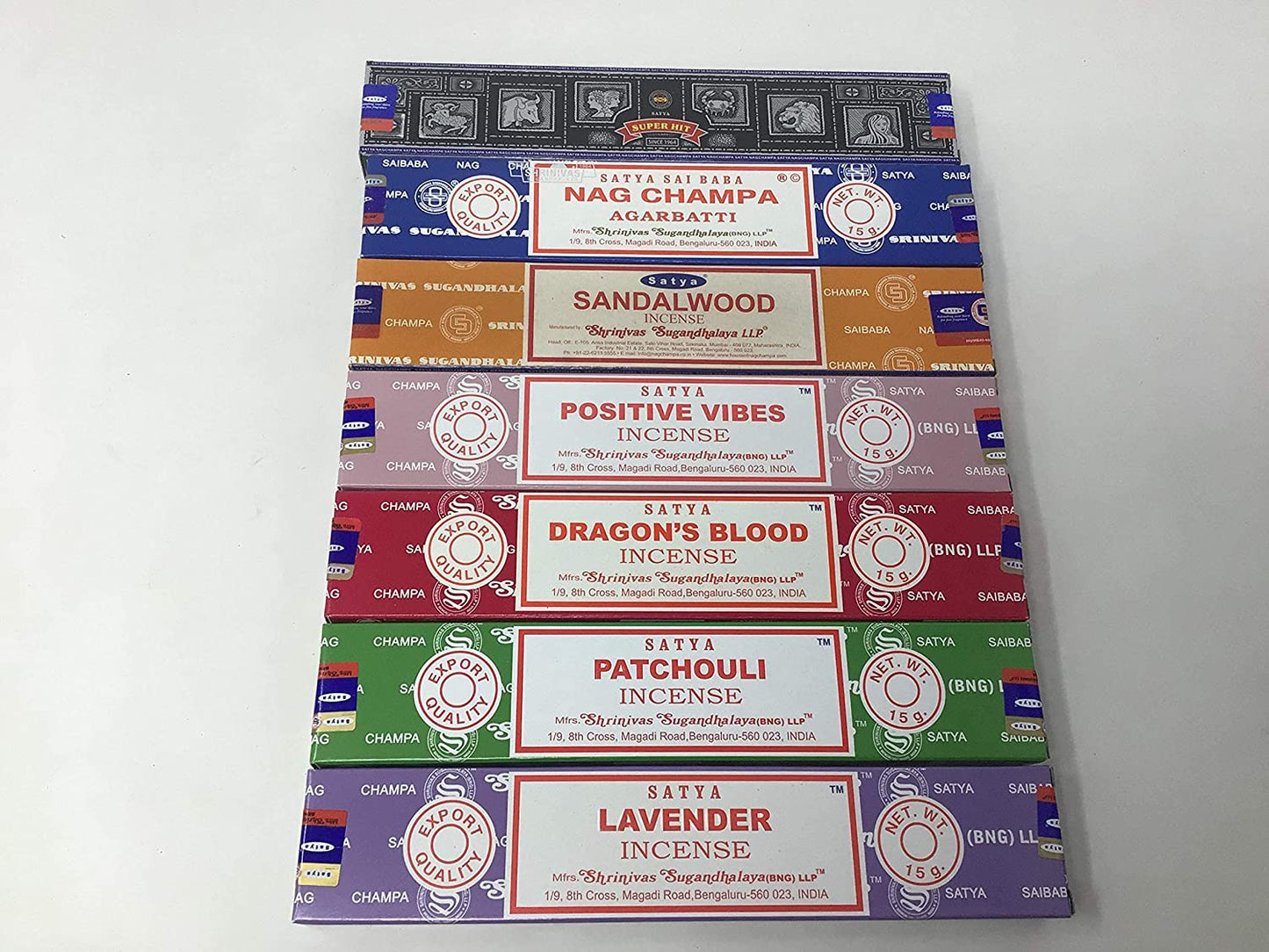 Satya Incense Gift Set Nag Champa, Super Hit, Dragon'S Blood, Sandalwood, Patchouli, Lavender, Positive Vibes, 15 G  satya sai baba   