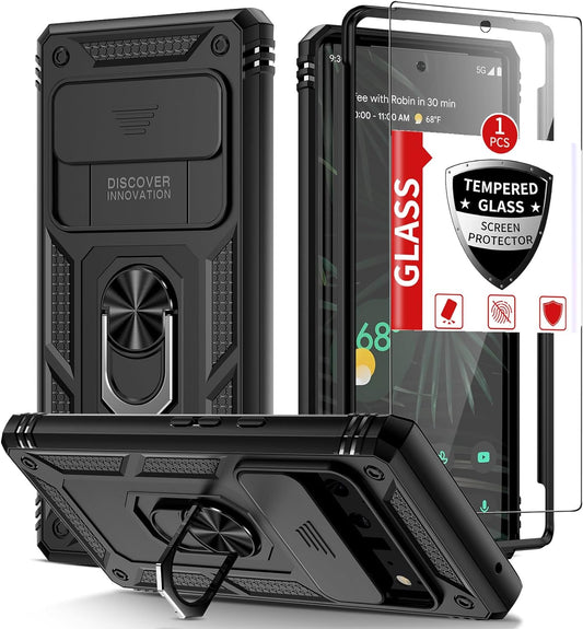 IYTRRYH for Google Pixel 6 Pro Case 5G with Tempered Glass Screen Protector with Magnetic Car Kickstand Ring&Camera Cover Shockproof Military Grade Drop Heavy Duty Protection Men Pixel 6 Pro 6.7'Black  IYTRRYH   