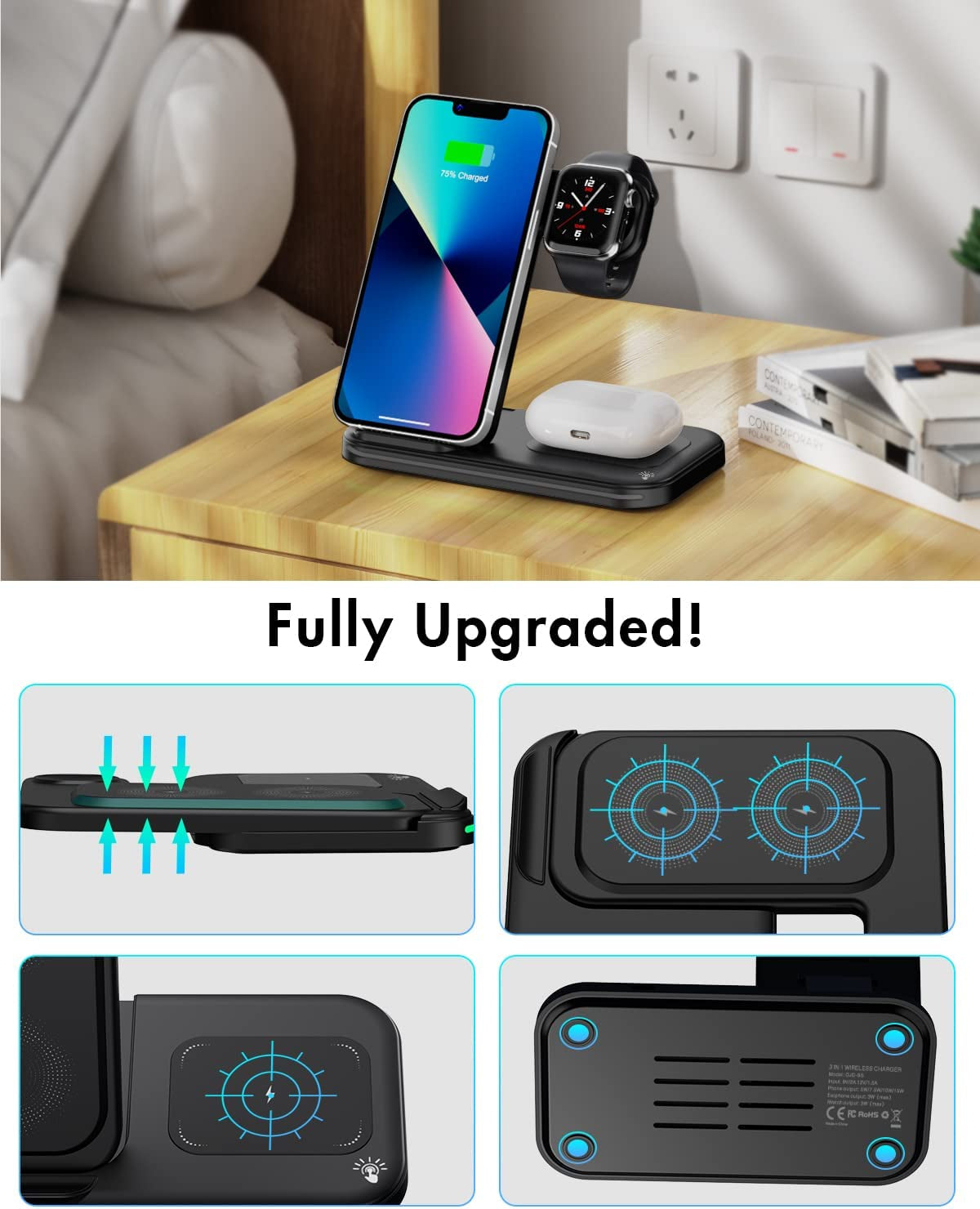 Charger Station for Apple Multiple Devices, 3 in 1 Fast Wireless Charger Stand Dock Foldable for Iphone 14 13 12 11 Pro X XS 8 plus Apple Watch Series 8 7 6 SE 5 4 3 2 & Airpods 3/2/Pro with Adapter  Shenzhen OJD Technology Co.，LTD   