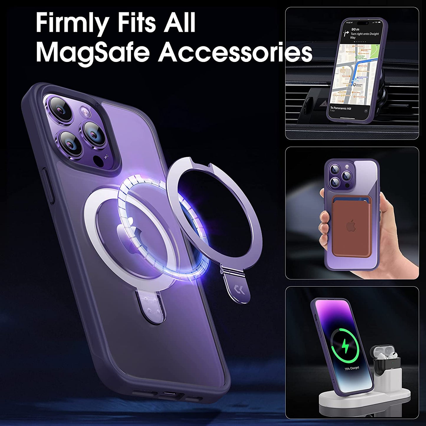 CASEKOO Magnetic Clear for Iphone 14 Pro Case with Invisible Stand [Compatible with Magsafe] [Non Yellowing] Shockproof Protective Slim Ring Holder for Women Men Phone Case 6.1 Inch 2022, Purple  CASEKOO   