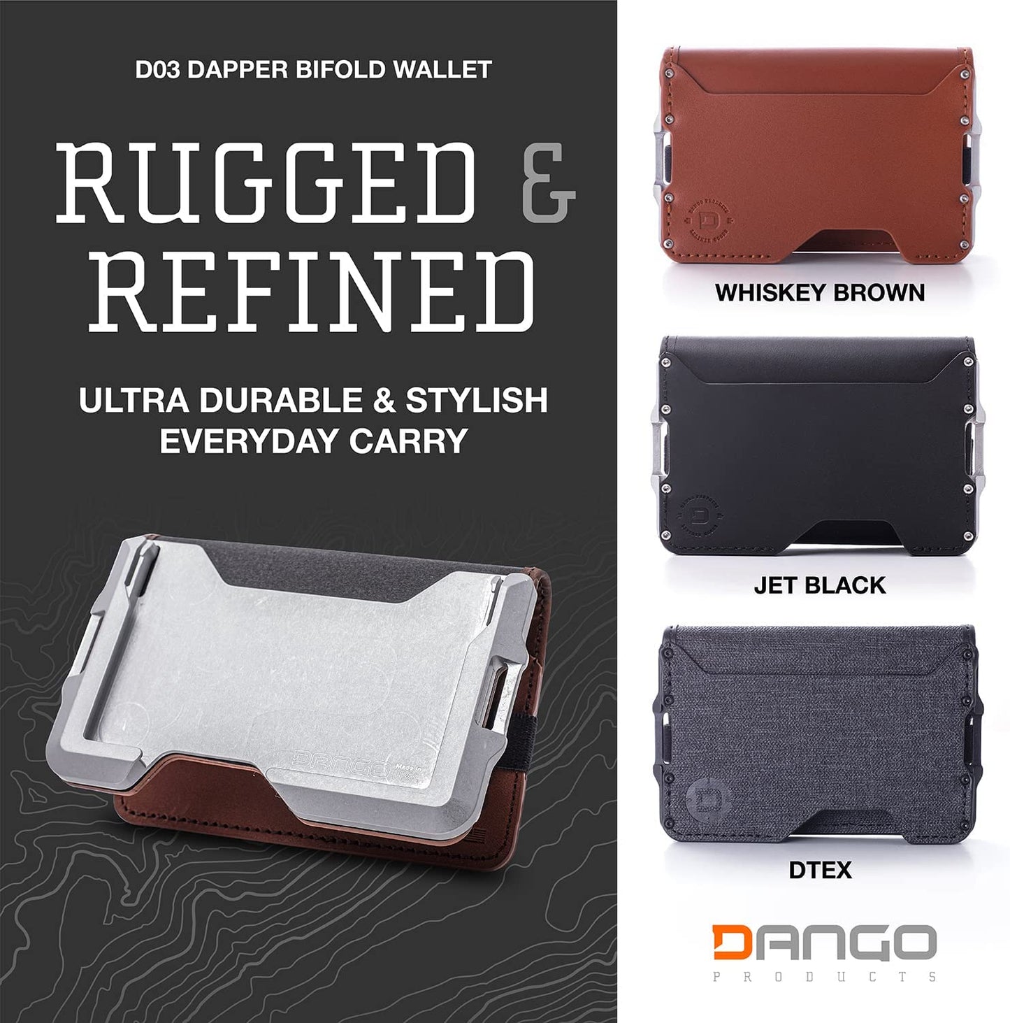 Dango D03 Dapper Bifold EDC Wallet - Made in USA - Genuine Leather, Slim, Minimalist, Metal, RFID Blocking  Dango Products   