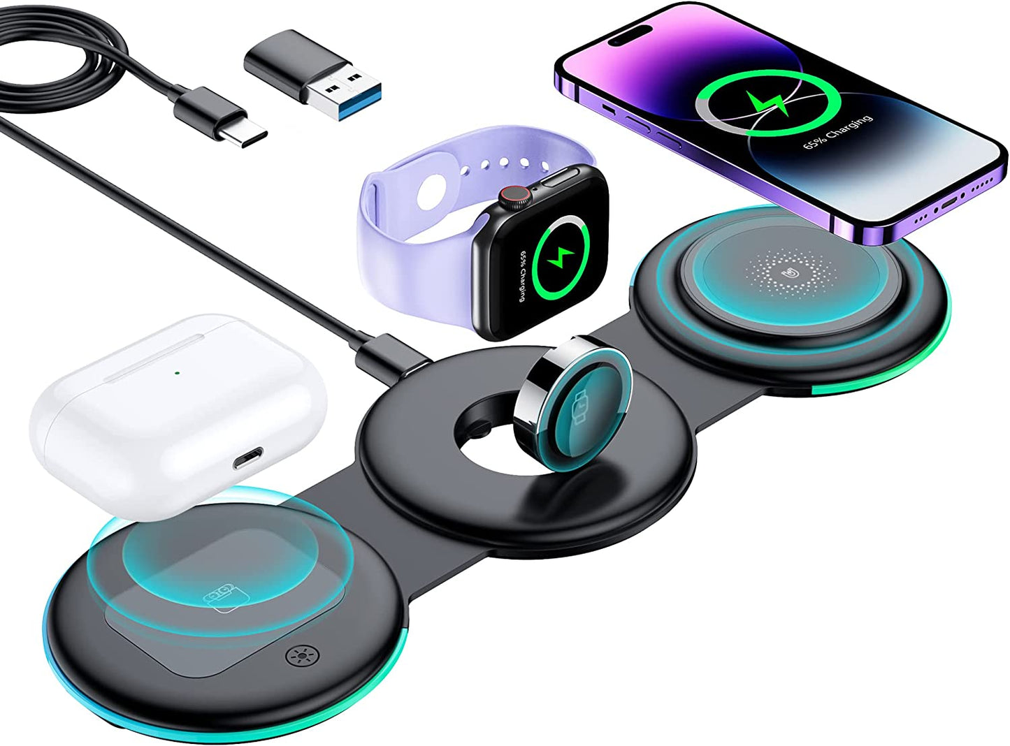 Wireless Charging Station, 3 in 1 Foldable Fast Wireless Charger Pad [Compatible with Magsafe Charger] for Iphone 14/Pro/Max/Plus/13/12 Series, Airpods 3/2/Pro, Apple Watch/Iwatch - Black  Temdan   