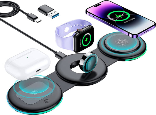 Wireless Charging Station, 3 in 1 Foldable Fast Wireless Charger Pad [Compatible with Magsafe Charger] for Iphone 14/Pro/Max/Plus/13/12 Series, Airpods 3/2/Pro, Apple Watch/Iwatch - Black  Temdan   