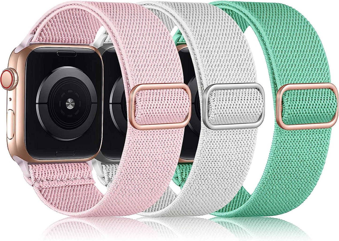 Daqin 3 Pack Stretchy Nylon Solo Loop Band Compatible with Apple Watch Band 41Mm 45Mm 38Mm 40Mm 42Mm 44Mm 49Mm, Adjustable Elastic Braided Straps for Apple Watch Ultra Iwatch Series 8/7/6/5/4/3/2/1/SE  Ylire-US Pink Sand/Mint Green/White 42mm/44mm/45mm/49mm 