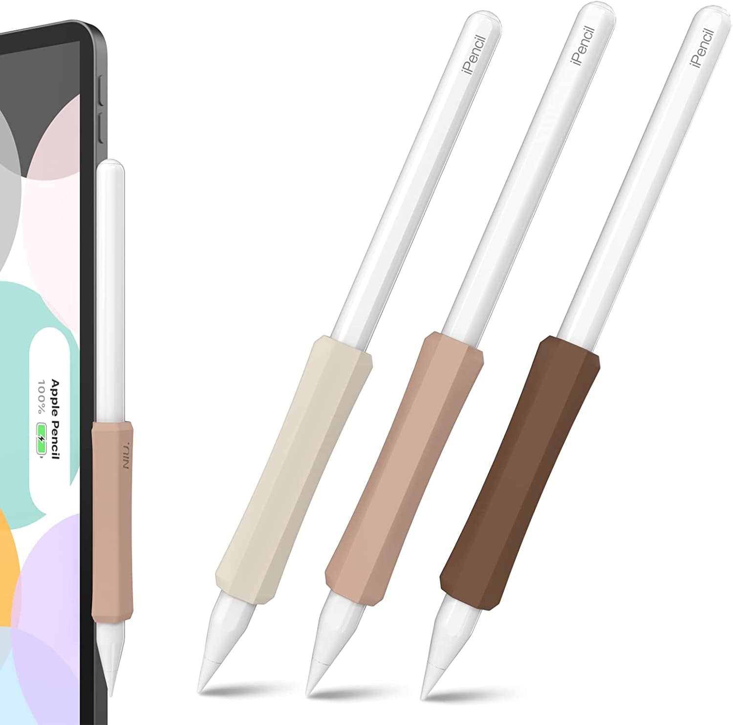 NIUTRENDZ 3 Pack Apple Pencil Grip Silicone Case Accessories Cover Ergonomic Design Sleeve Compatible with Magnetic Charging and Double Tap (Apple Pencil 2Nd Generation, White + Grey + Black)  NIUTRENDZ Beige + Khaki + Brown Apple Pencil 2nd Generation 