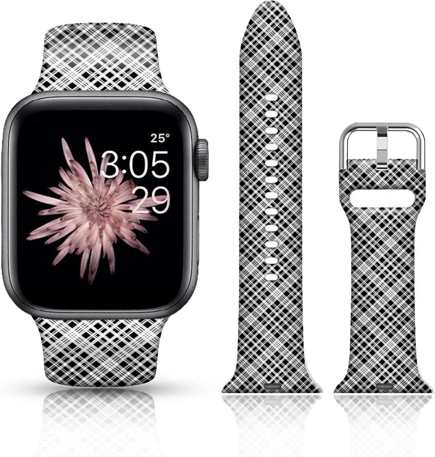 FTFCASE Silicone Floral Bands Compatible with Apple Watch 49Mm 45Mm 44Mm 42Mm, Gray Pattern Printed Soft Silicone Sport Strap Replacement for Iwatch SE Series 8 7 6 5 4 3 2 1 for Women Men Girls  FTFCASE Plaid - Grey 42mm/44mm/45mm/49mm 