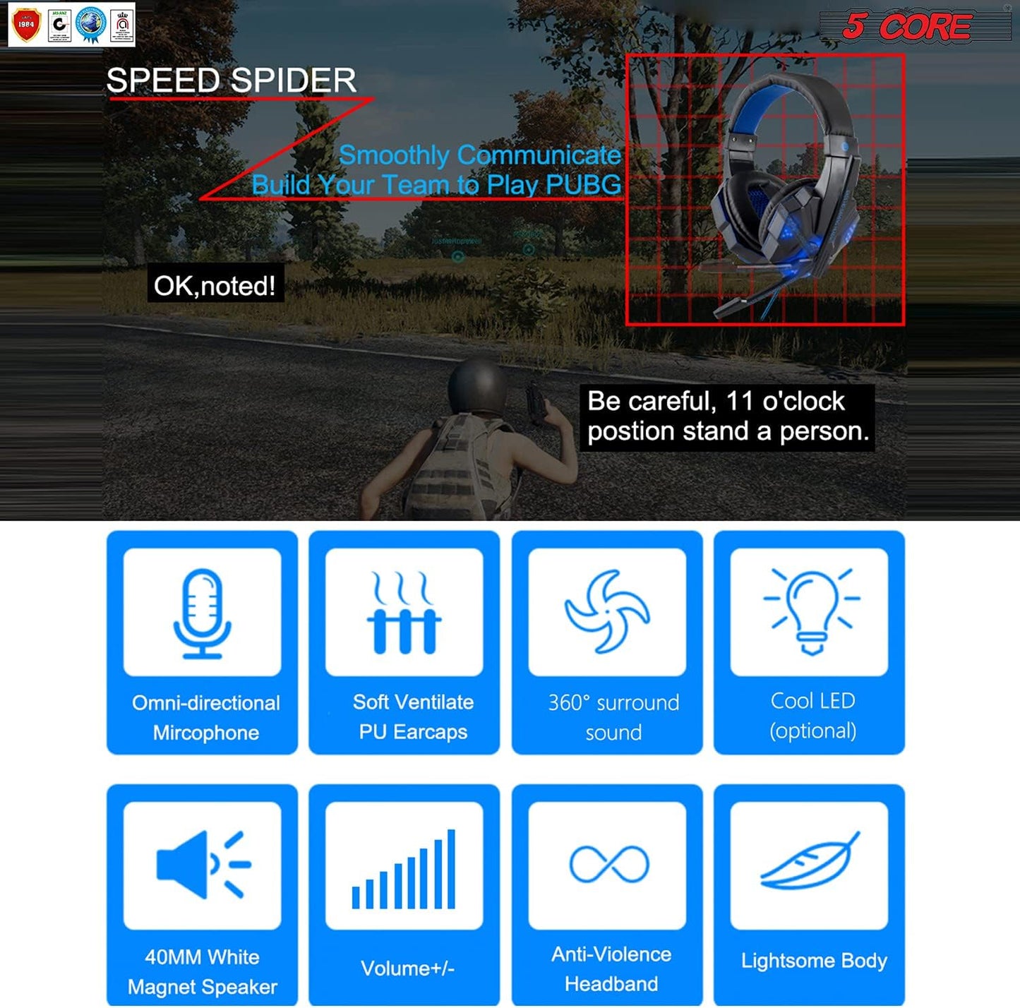 5 CORE 2Pcs Gaming Headset for PS4 PC One PS5 Console Controller, Noise Cancelling Microphone over Ear Stereo Earphones with Mic, LED Light, Bass, Earmuffs for Laptop NES Games Red & Blue HDP GM1 R+B  5 Core Inc.   