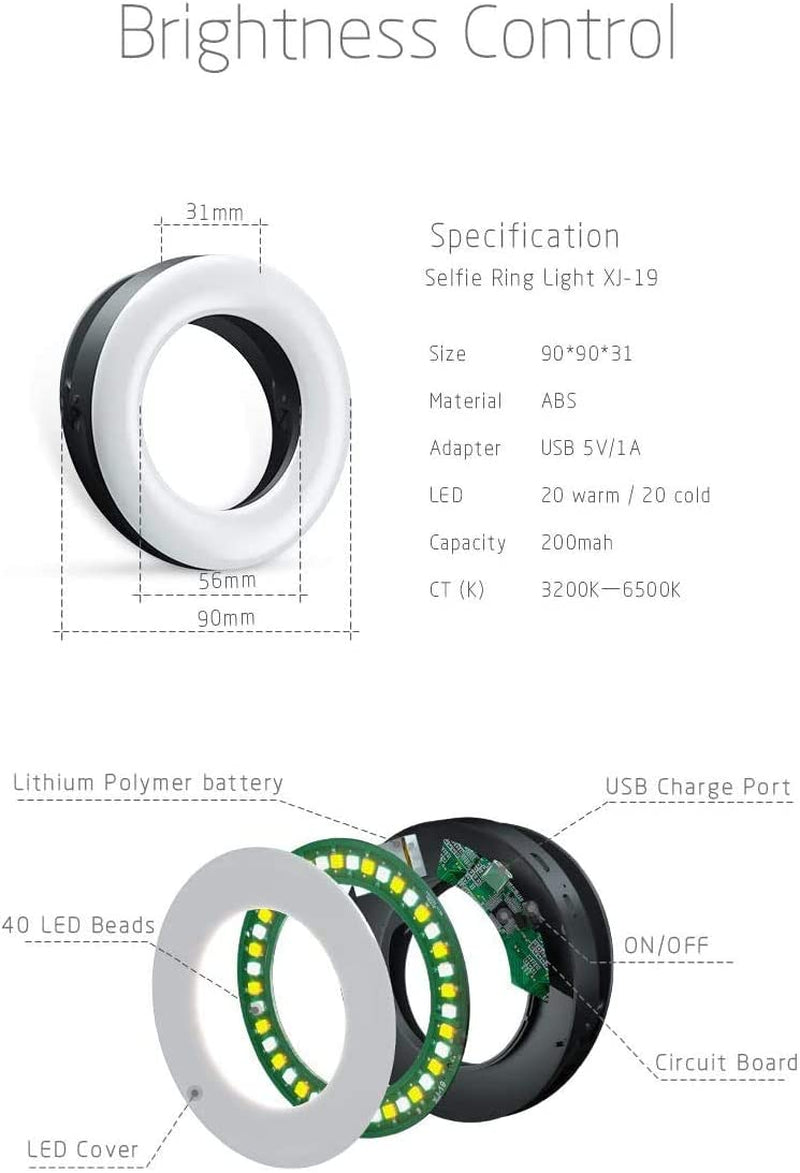 XINBAOHONG Selfie Ring Light Rechargeable Portable Clip-On Selfie Fill Light with 40 LED for Smart Phone Photography, Camera Video, Girl Makes Up  XINBAOHONG   