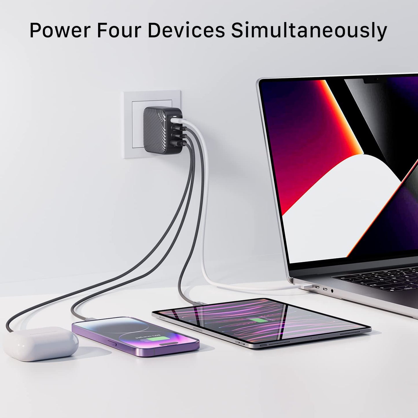INVZI 100W USB C Multiport Charger, Gan III 4-Port USB Charging Station Fast Charger Power Adapter for Macbook Pro Air, Ipad Pro, Dell XPS, Galaxy S21/S20, Iphone 13 12/12 Pro, Note 20/10+, Pixel  Foshan G-power Technology Co., Ltd   