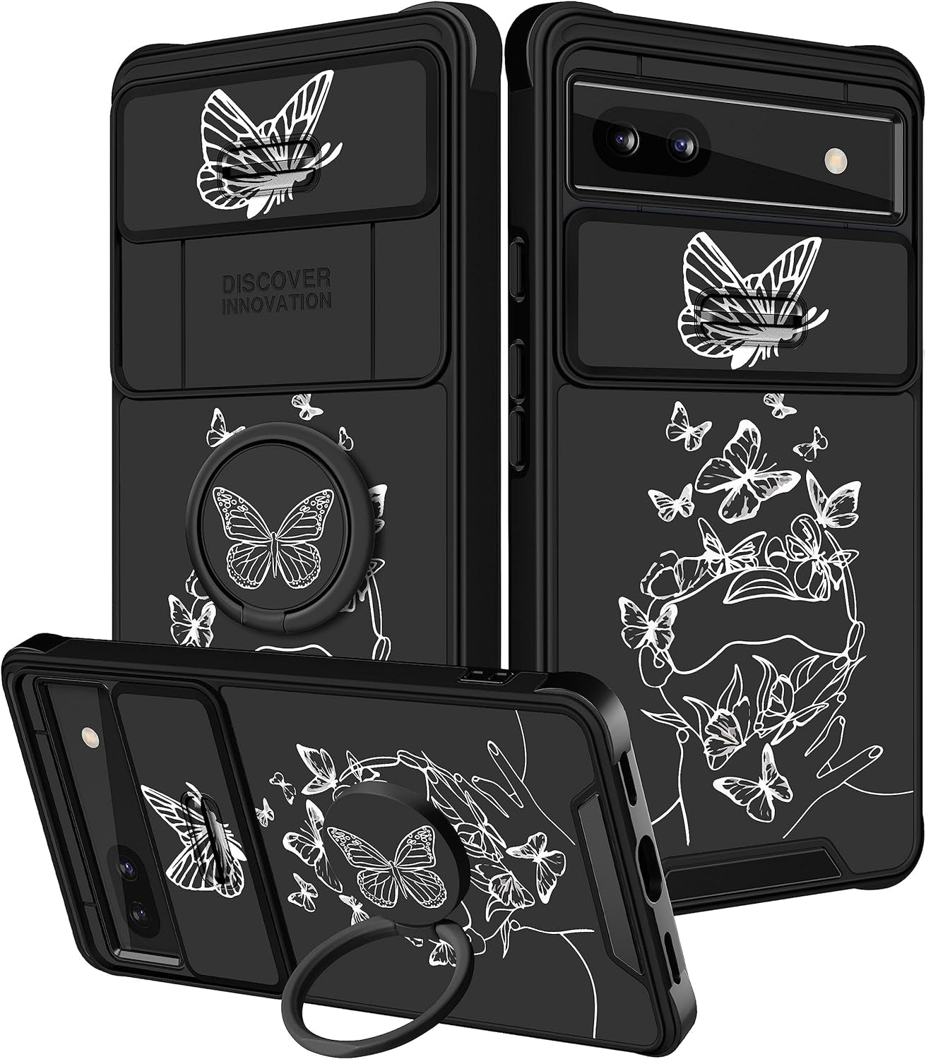 Funermei (2In1 for Google Pixel 6A Case for Women Cute Butterfly Girls Cover Girly Kawaii Aesthetic Butterfly Unique Design with Camera Cover and Ring Stand Funda for Google Pixel 6A Phone Case  Funermei 1-White Butterfly  