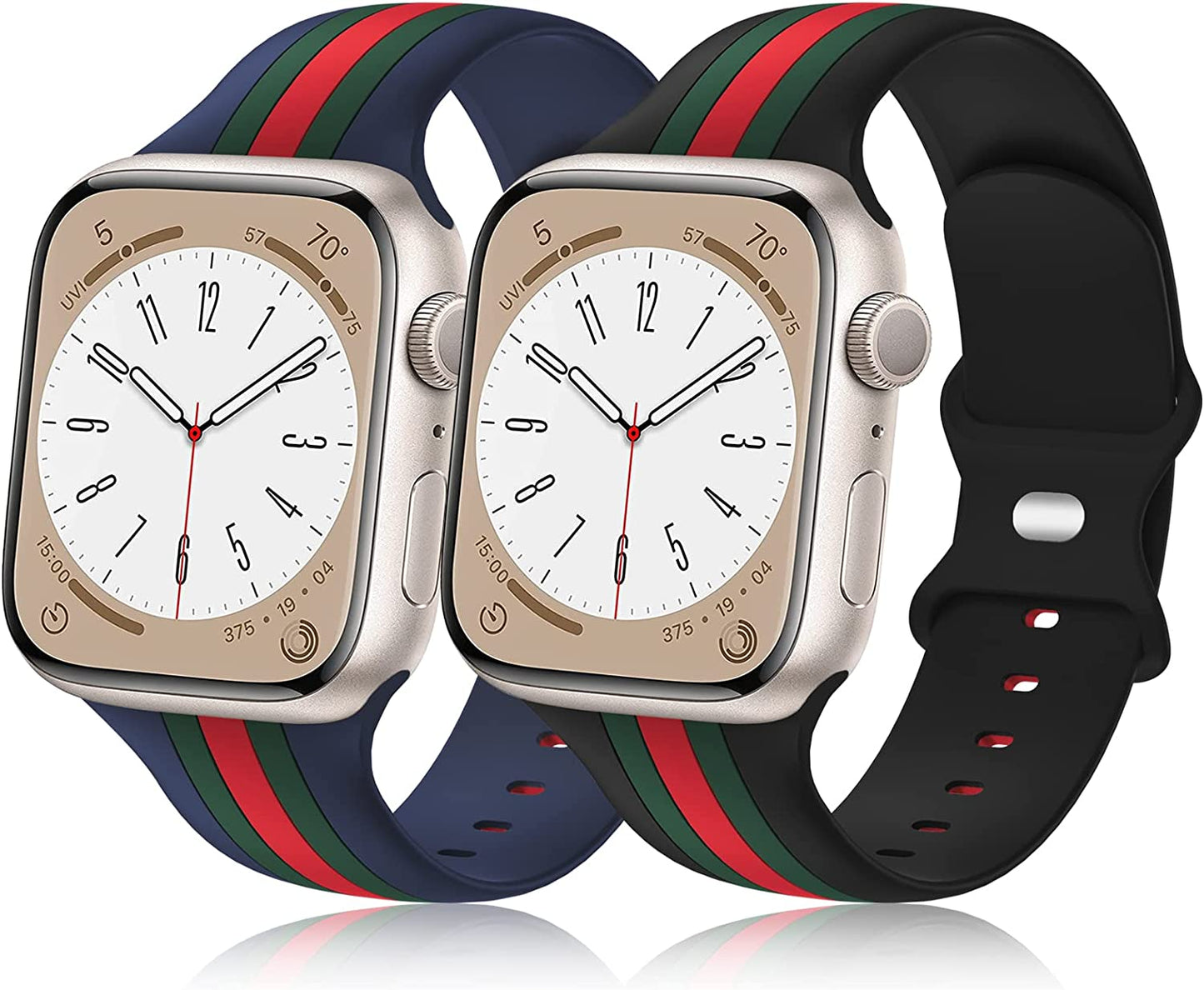 [2 Pack] Designer Bands Compatible with Apple Watch Band 38Mm 40Mm 41Mm 42Mm 44Mm 45Mm 49Mm Men Women, Soft Silicone Sport Band Replacement Strap for Apple Watch Ultra Iwatch Series 8 7 SE 6 5 4 3 2 1  Seizehe Dark Blue/Army Green/Red - Black/Army Green/Red 42mm/44mm/45mm/49mm 