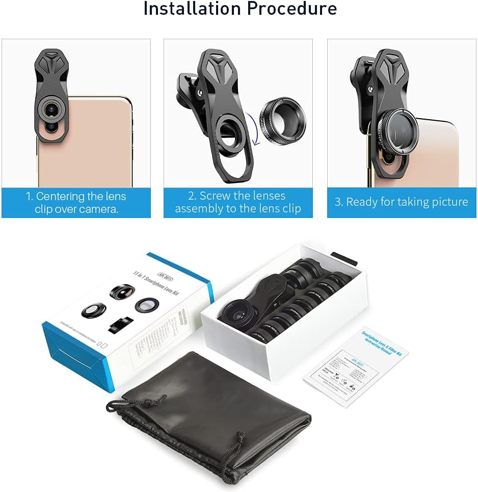 11 in 1 Universal Clip on Cell Phone Camera Lens Kit. 205°Fisheye 140° Super Wide Angle 15X Macro Star CPL ND32 Kaleidoscope 4 Color Lens for Iphone Samsung Huawei and Most of Smartphone  Phorsen   
