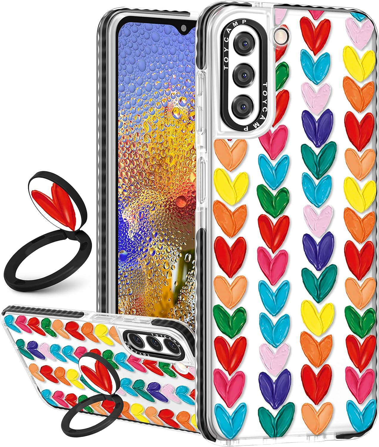 Toycamp for Samsung Galaxy S22 Case for Women, Colorful Butterfly Cute Girly Print Design for Girls Teens Case with Ring Kickstand (6.1 Inch), Black  Toycamp White Colorful Heart  