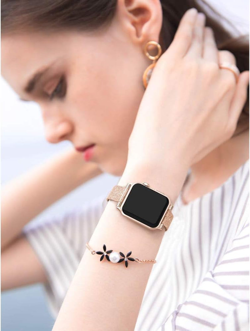 Yutior Leather Bands Compatible for Watch 38Mm 40Mm 41Mm, Slim Wristband for Watch Iwatch Bands 38Mm Series SE 7 6 5 4 3 2 1 Women Bling Rose Gold Leather, Ladies Girls Beaded Thin Strap Bracelet  Yutior   