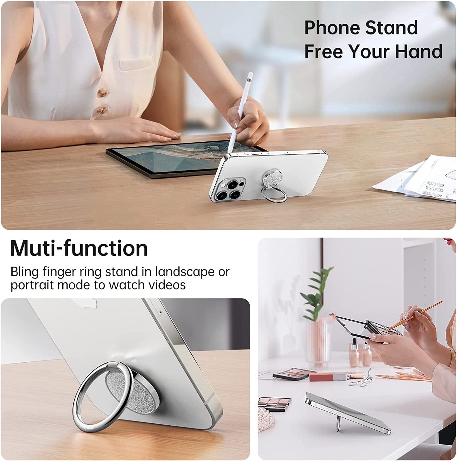 Syncwire Cell Phone Ring Holder Stand, Bling Bling Finger Ring Kickstand 360° Rotation Sparkle Phone Grip for Magnetic Car Mount Compatible with Iphone,Samsung,Pixel, All Smartphones - Glitter Silver  Syncwire   