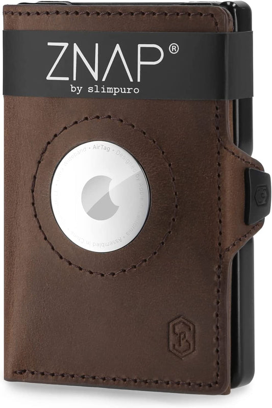 ZNAP AIR Minimalist Wallet for Apple Airtag Wallet Men & Woman | Premium Leather Wallet with Airtag Holder | Slim Wallet for Men with Airtag Holder | Wallet Airtag Holder for 12 Cards Brown  slimpuro   