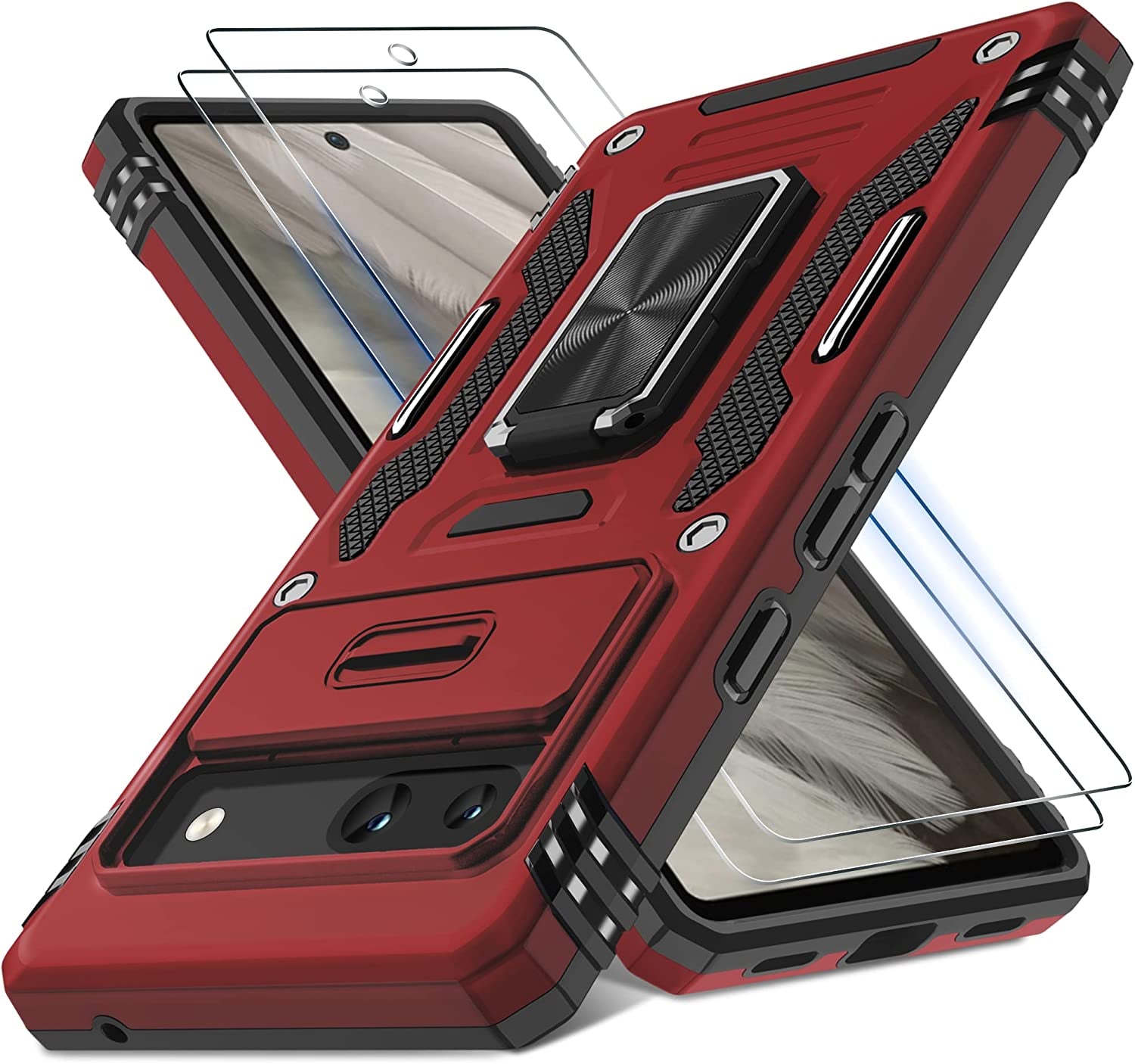 DEERLAMN for Google Pixel 8 Case with Slide Camera Cover+Screen Protector (1 Pack), Rotated Ring Kickstand Military Grade Shockproof Heavy Duty Protective Cover -Black  DEERLAMN Red Google Pixel 7A 