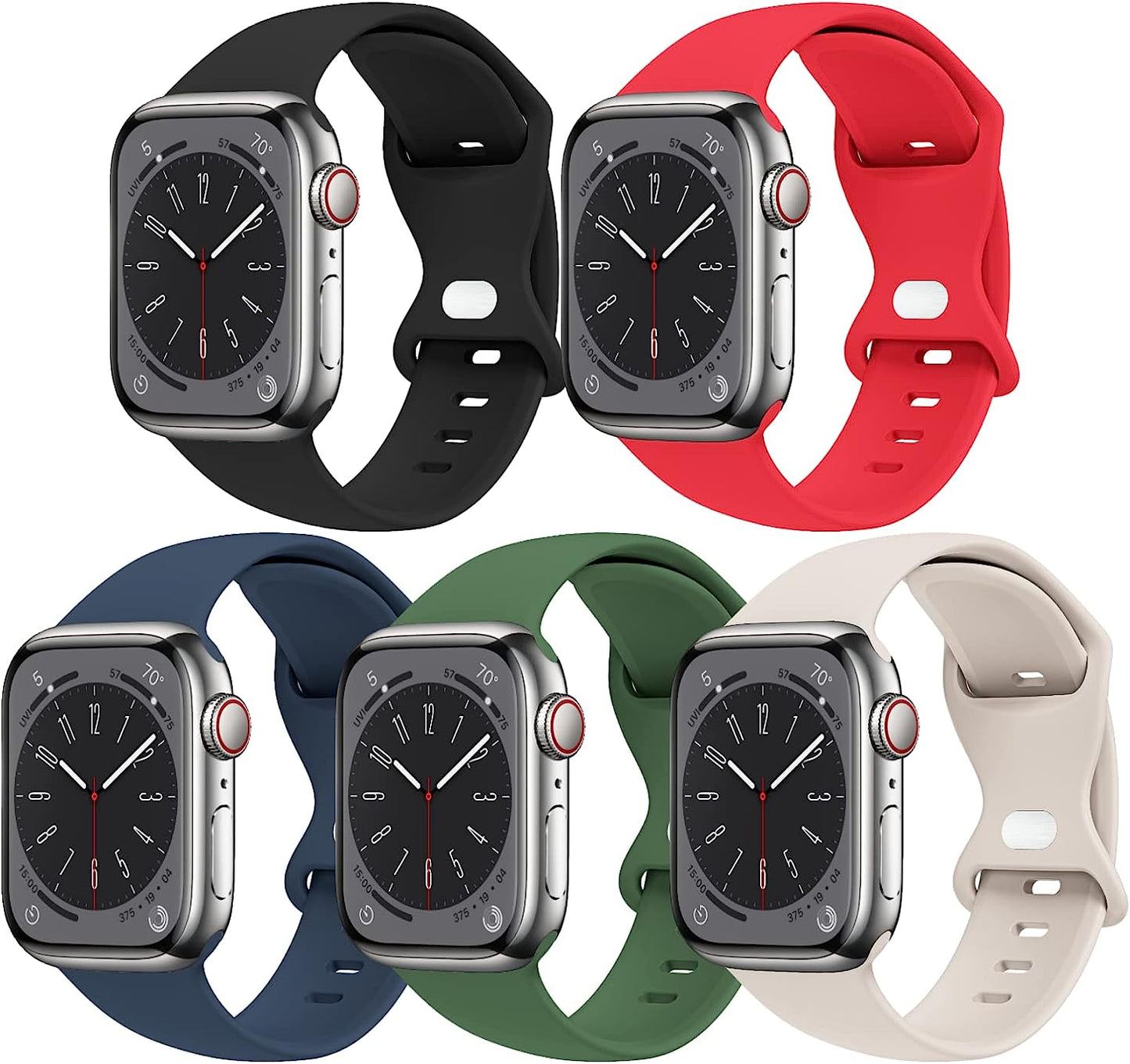 [5 PACK] STG Sport Watch Band Compatible with Apple Watch Band 38Mm 40Mm 41Mm 42Mm 44Mm 45Mm 49Mm Soft Silicone Replacement Sport Strap Compatible for Iwatch Ultra SE Series 8/7/6/5/4/3/2/1 (38Mm/40Mm/41Mm S/M, 5 PACK  STG 5 PACK M - Black/Red/Abyss Blue/Clover/Starlight 42mm/44mm/45mm/49mm M/L 