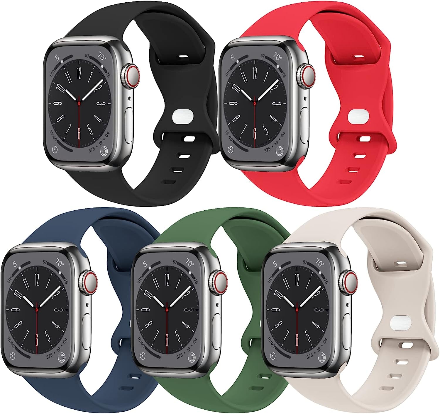 [5 PACK] STG Sport Watch Band Compatible with Apple Watch Band 38Mm 40Mm 41Mm 42Mm 44Mm 45Mm 49Mm Soft Silicone Replacement Sport Strap Compatible for Iwatch Ultra SE Series 8/7/6/5/4/3/2/1 (38Mm/40Mm/41Mm S/M, 5 PACK  STG 5 PACK M - Black/Red/Abyss Blue/Clover/Starlight 42mm/44mm/45mm/49mm M/L 