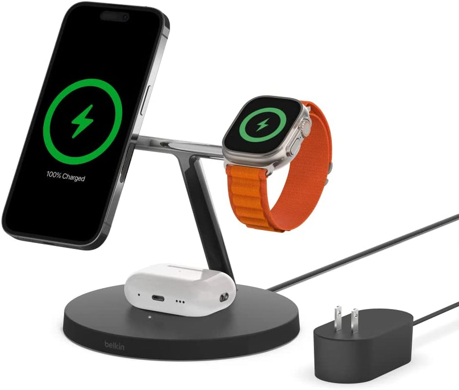 Belkin Magsafe 3-In-1 Wireless Charging Stand - 2ND GEN W/ 33% Faster Wireless Charging for Apple Watch - Iphone 14, 13 & 12 Series & Airpods - Magsafe Charging Station for Multiple Devices - Black  Belkin   