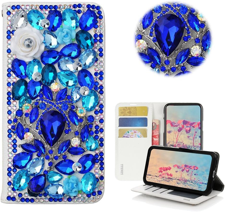 STENES LG G6 Case, LG G6 plus Case - STYLISH - 3D Handmade Bling Crystal Pretty Butterfly Flowers Wallet Credit Card Slots Fold Stand Leather Cover Case for LG G6/LG G6 plus - Blue  STENES Luxury Gemstone Rose Flowers / Blue  