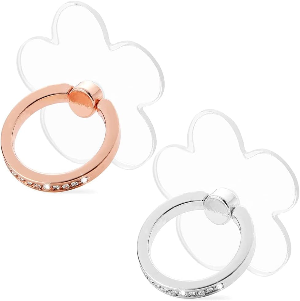 WOGROO Cell Phone Ring Holder Stand Compatible All Mobile Phones or Phone Cases, Transparent Phone Ring Holder Finger Kickstand 360°Degree Rotation Clear Phone Ring Grip, 2 Silver  WOGROO Petal(Silver+Rose Gold)  