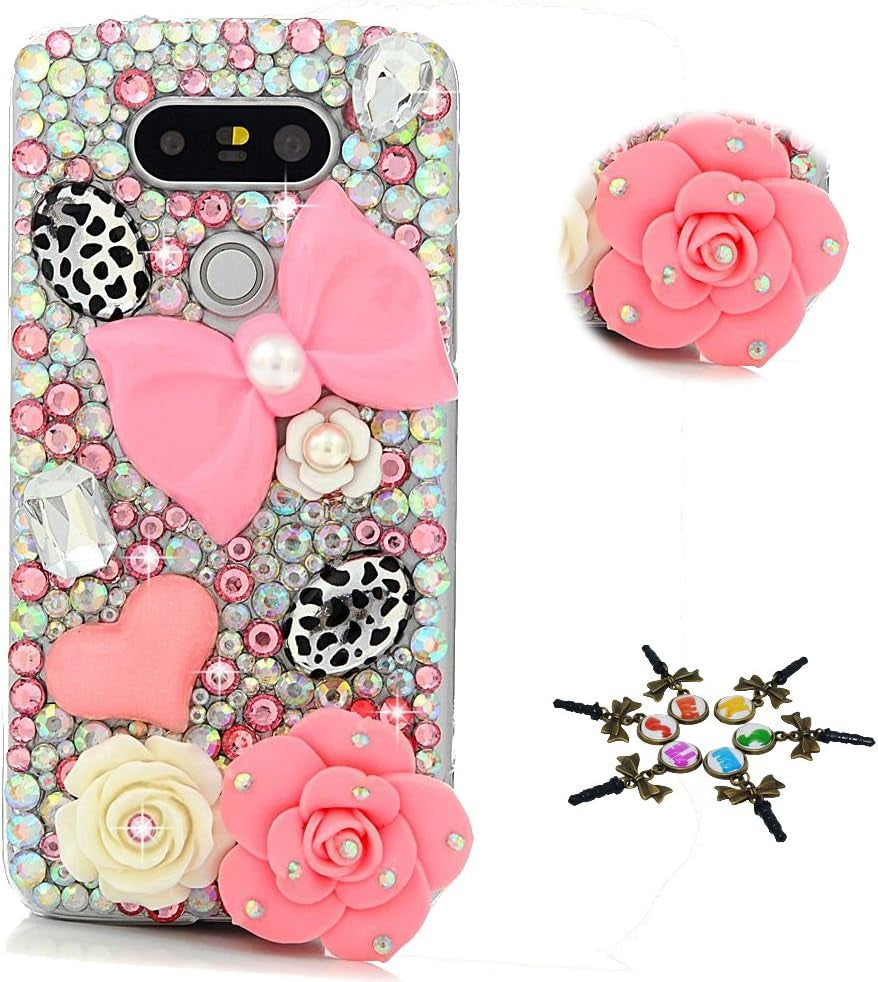 STENES LG G7 Case, LG G7 Thinq Case - STYLISH - 100+ Bling Crystal - 3D Handmade Bling Fashion Peacock Design Protective Cover Case for LG G7 Thinq - Blue  STENES Sweet Bowknot Rose Flowers Heart / Pink  