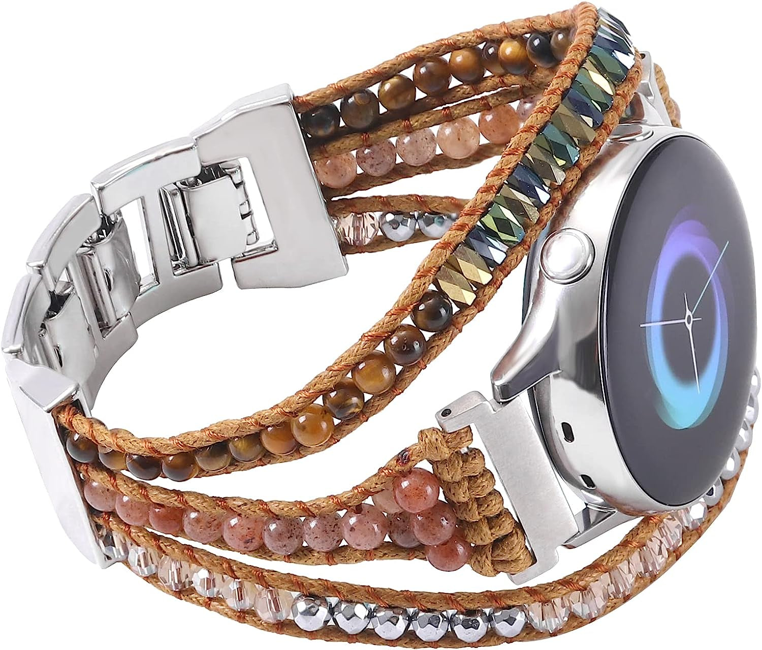 20Mm Boho Beaded Bracelet for Samsung Galaxy Watch 4/5 Band/Active 2 Watch Bands 40Mm 44Mm, Galaxy Watch 5 Pro Band, Multilayer Wraps Natural Stone Strap for Watch 4 Classic 42Mm 46Mm/Watch 3 41Mm  WONMILLE Brown  