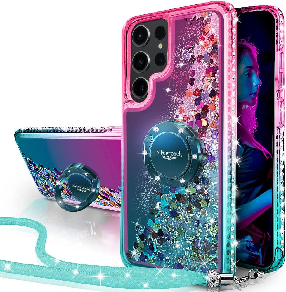 Silverback for Samsung Galaxy S22 Ultra Case, Moving Liquid Holographic Sparkle Glitter Case with Kickstand, Girls Women Bling Diamond Ring Slim Protective Case for Galaxy S22 Ultra 5G, Purple  Silverback inc Green  