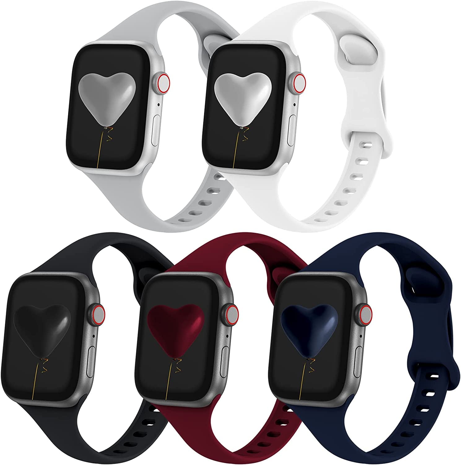 Qrose 5 Pack Bands Compatible with Apple Watch 38Mm 40Mm 41Mm 42Mm 44Mm 45Mm 49Mm, Slim Thin Narrow Replacement Silicone Sport Strap Wristbands for Iwatch Series Ultra 8/7/6/5/4/3/2/1 SE Women Men  QRose Black/White/Gray/Wine Red/Navy Blue 38mm/40mm/41mm 