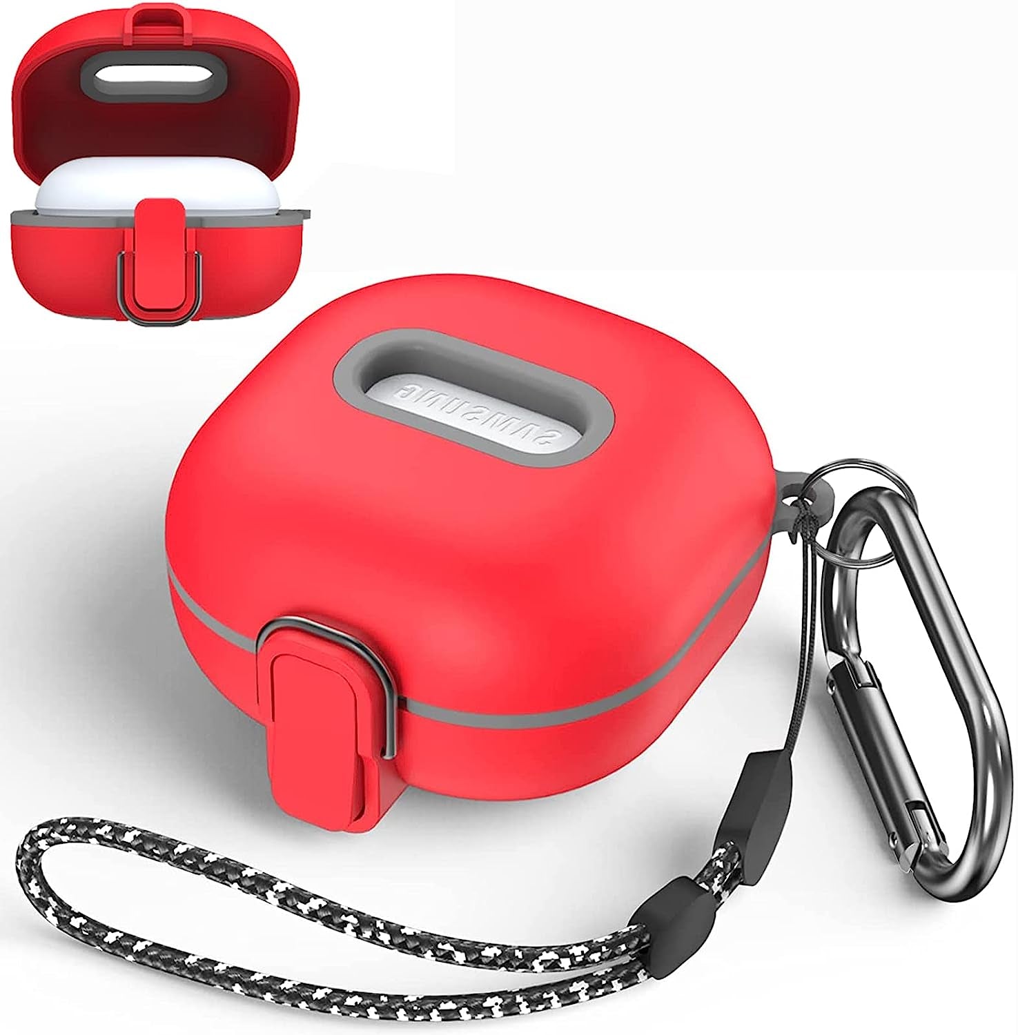 [Upgrade Secure Lock] Case for Samsung Galaxy Buds 2 Pro/Galaxy Buds 2/Galaxy Buds Pro/Galaxy Buds Live, Shock-Absorbing Protective Armor Cover TPU Hard Shell with Carabiner & Lanyard(Black)  VAEKNVG B-Red  