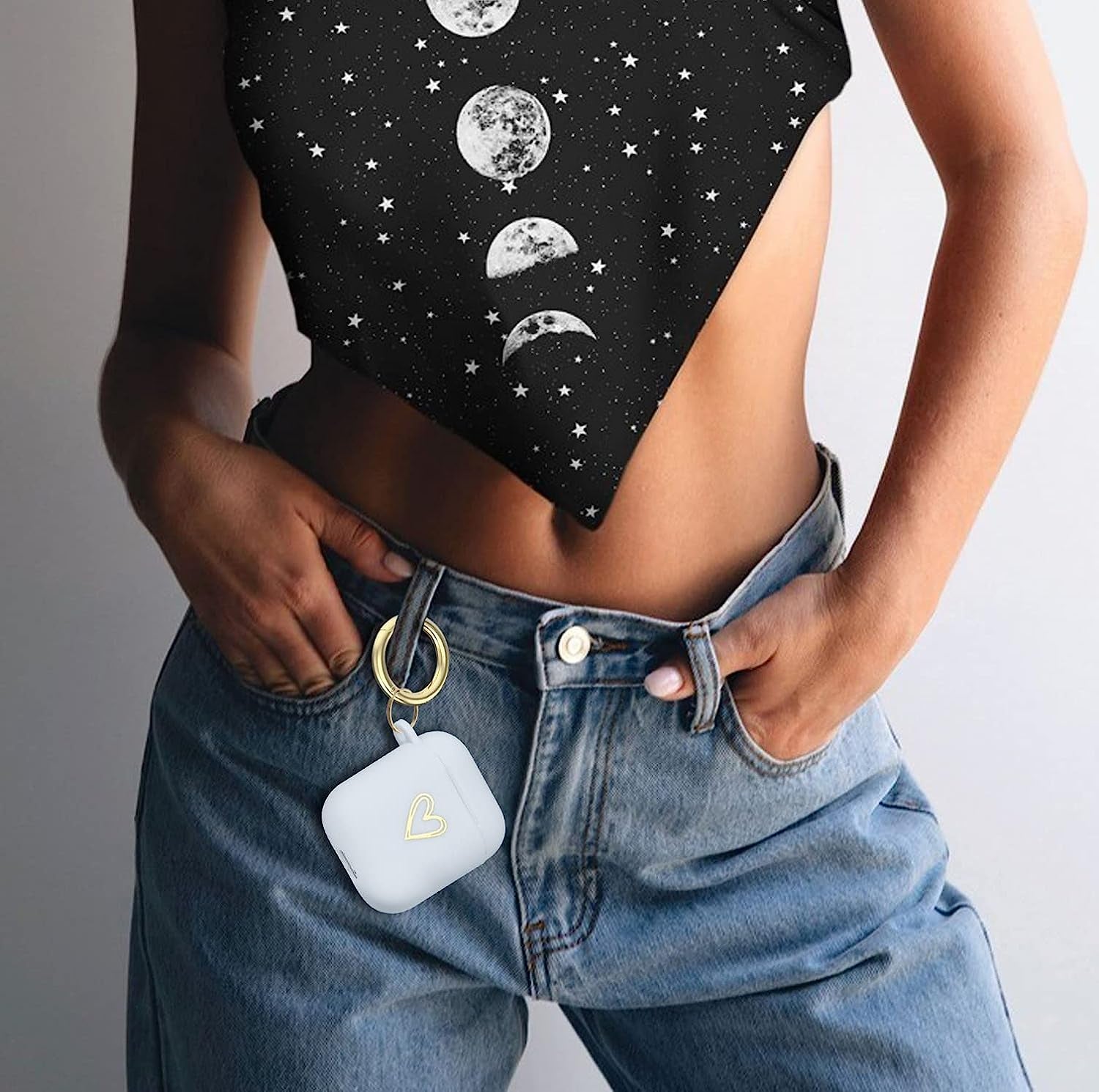 Wonjury Airpods Case Soft TPU Gold Heart Pattern Cute with Keychain Shockproof Cover Case for Girls Woman Apple Airpods 2 &1 - White  Wonjury   