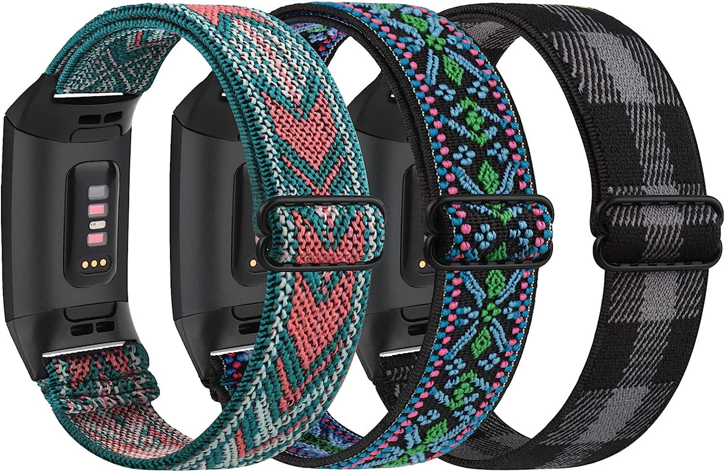[3 Pack] Adjustable Elastic Bands Compatible with Fitbit Charge 4 / Charge 3 / Charge 4 SE Soft Stretchy Loop Bracelet Women Men Replacement Wristbands  Amzpas Green Arrow, Black Gray Plaid, Boho Green  