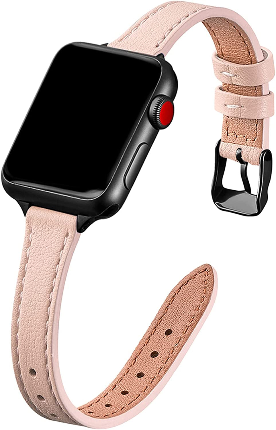 STIROLL Slim Leather Bands Compatible with Apple Watch Band 38Mm 40Mm 41Mm 42Mm 44Mm 45Mm 49Mm, Top Grain Leather Watch Thin Wristband for Iwatch Ultra SE Series 8/7/6/5/4/3/2/1  STIROLL Pale pink with Black 38mm/40mm/41mm 