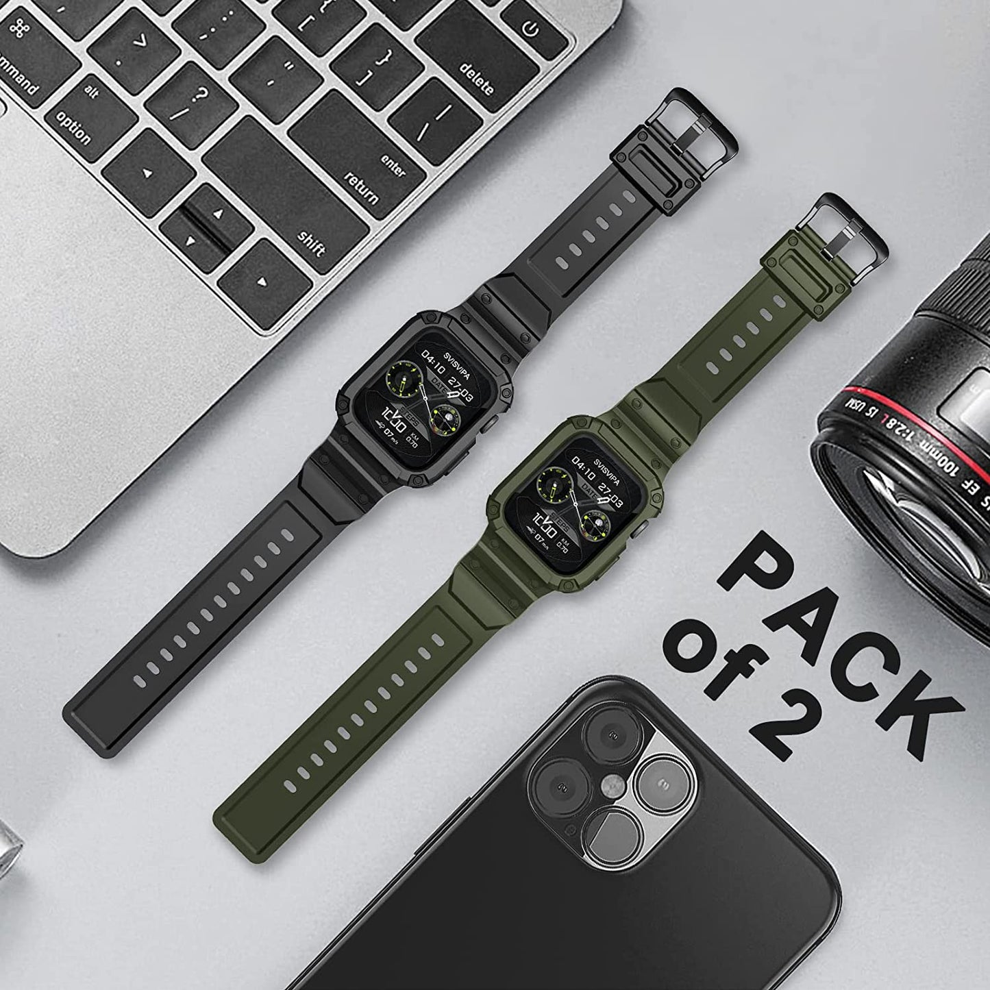 [2 Pack] SVISVIPA Band with Case Compatible for Apple Watch 45Mm 44Mm 42Mm Iwatch Series 8 7 SE 6 5 4 3 2 1 Strap, Men Women Sport Strap with Bumper Rugged Shockproof Military Protective, 2 Pack (Black，Army Green）  SVISVIPA   