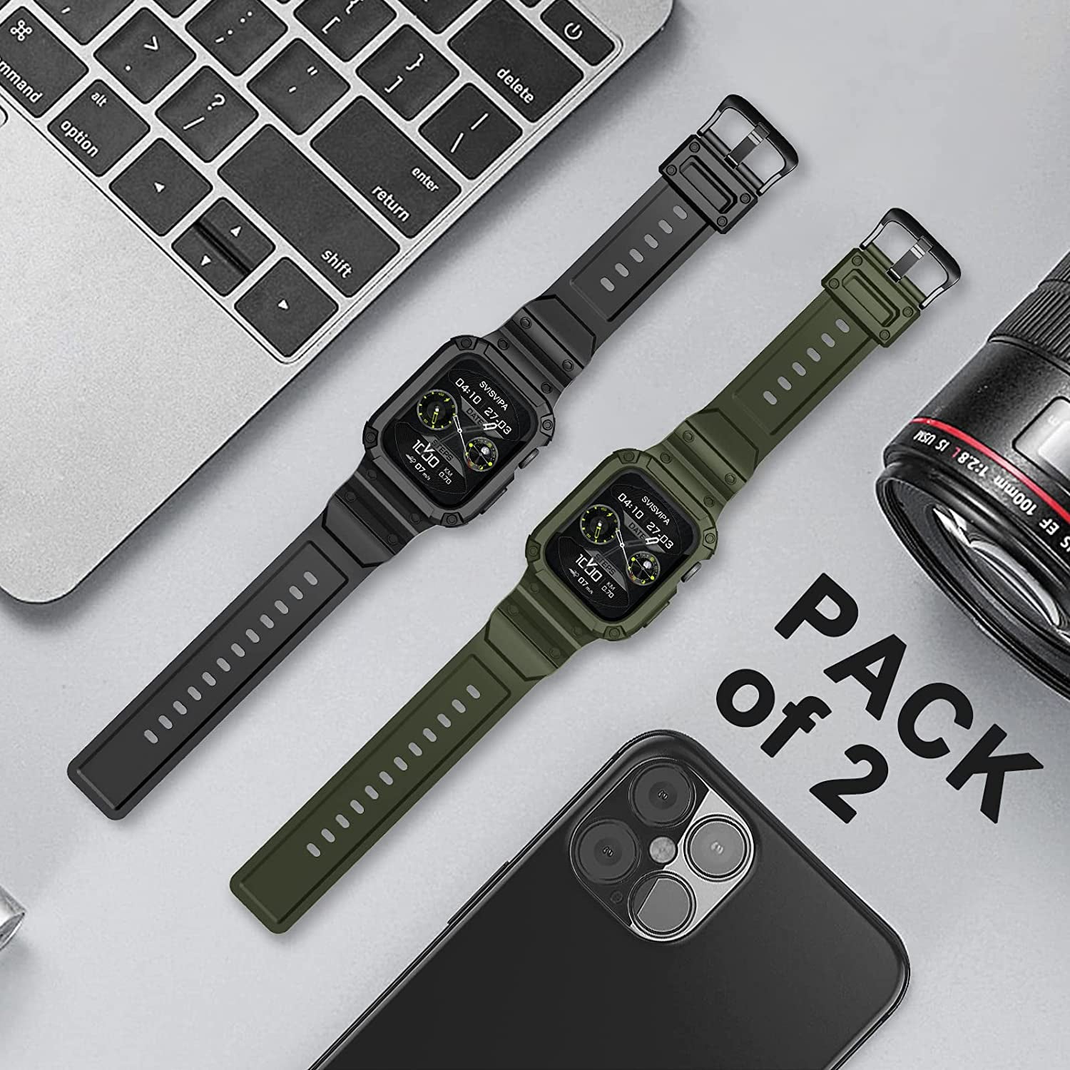 [2 Pack] SVISVIPA Band with Case Compatible for Apple Watch 45Mm 44Mm 42Mm Iwatch Series 8 7 SE 6 5 4 3 2 1 Strap, Men Women Sport Strap with Bumper Rugged Shockproof Military Protective, 2 Pack (Black，Army Green）  SVISVIPA   