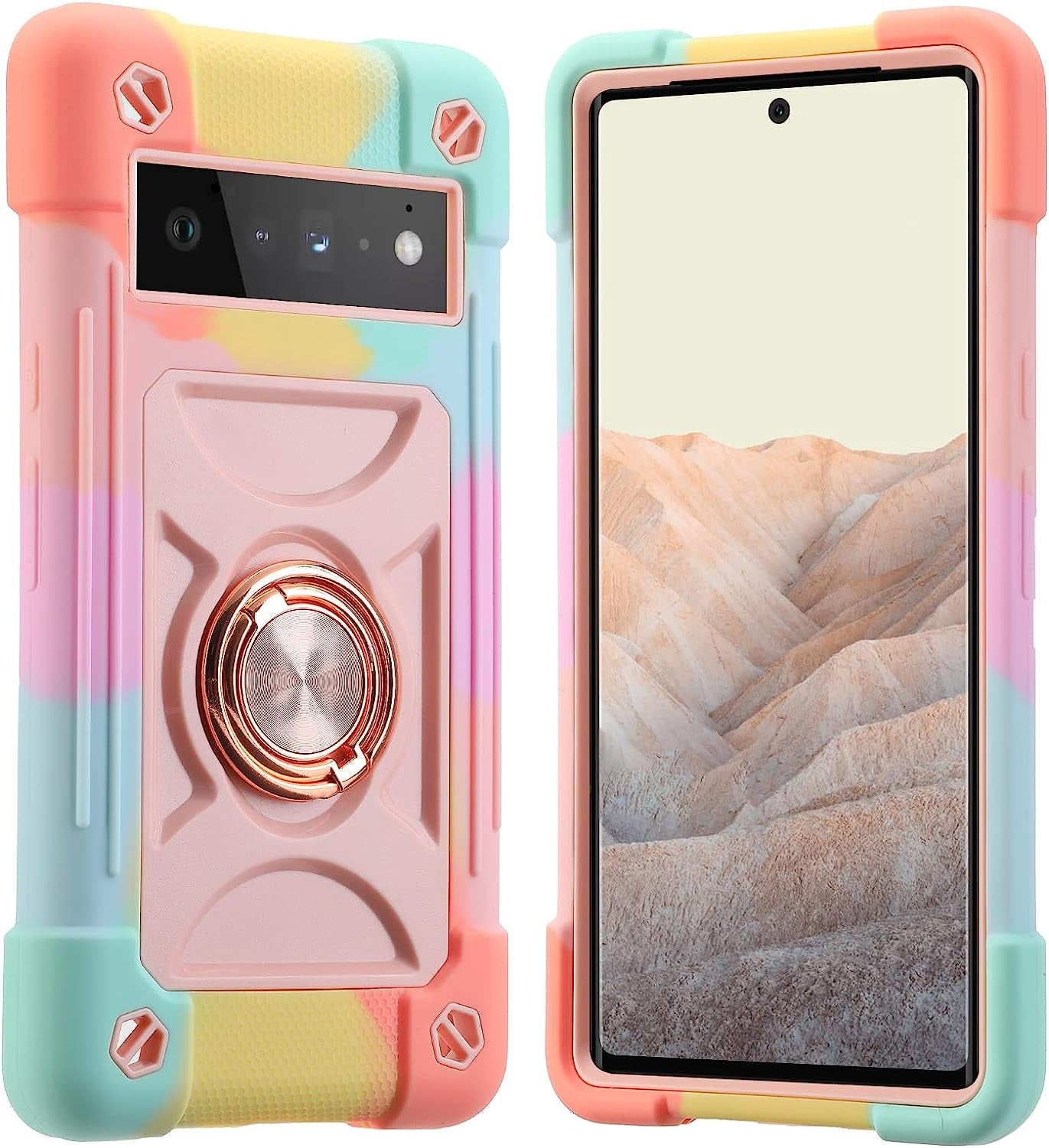 MARKILL Compatible with Google Pixel 6 Pro Case with 360°Rotate Ring Stand, 【Without Screen Protector】 Heavy-Duty Military Grade Shockproof Phone Cover for Google Pixel 6 Pro 6.7 Inch (Blue)  MARKILL Rainbow Pink  