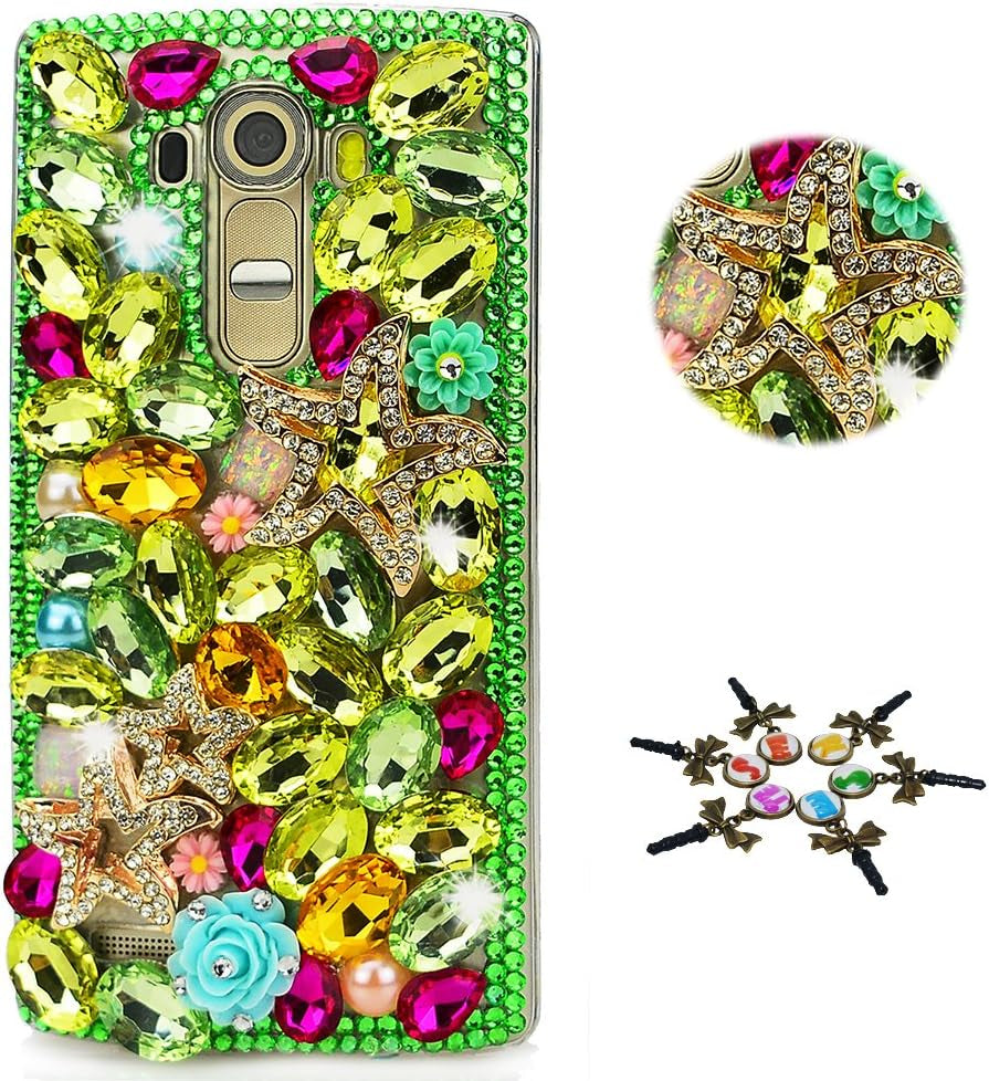 STENES LG G7 Thinq Case - STYLISH - 100+ Bling - 3D Handmade Heart Pendant Dance Butterfly Flowers Design Protective Case for LG G7/LG G7 Thinq - Pink  STENES Stars Rose Flowers / Green  