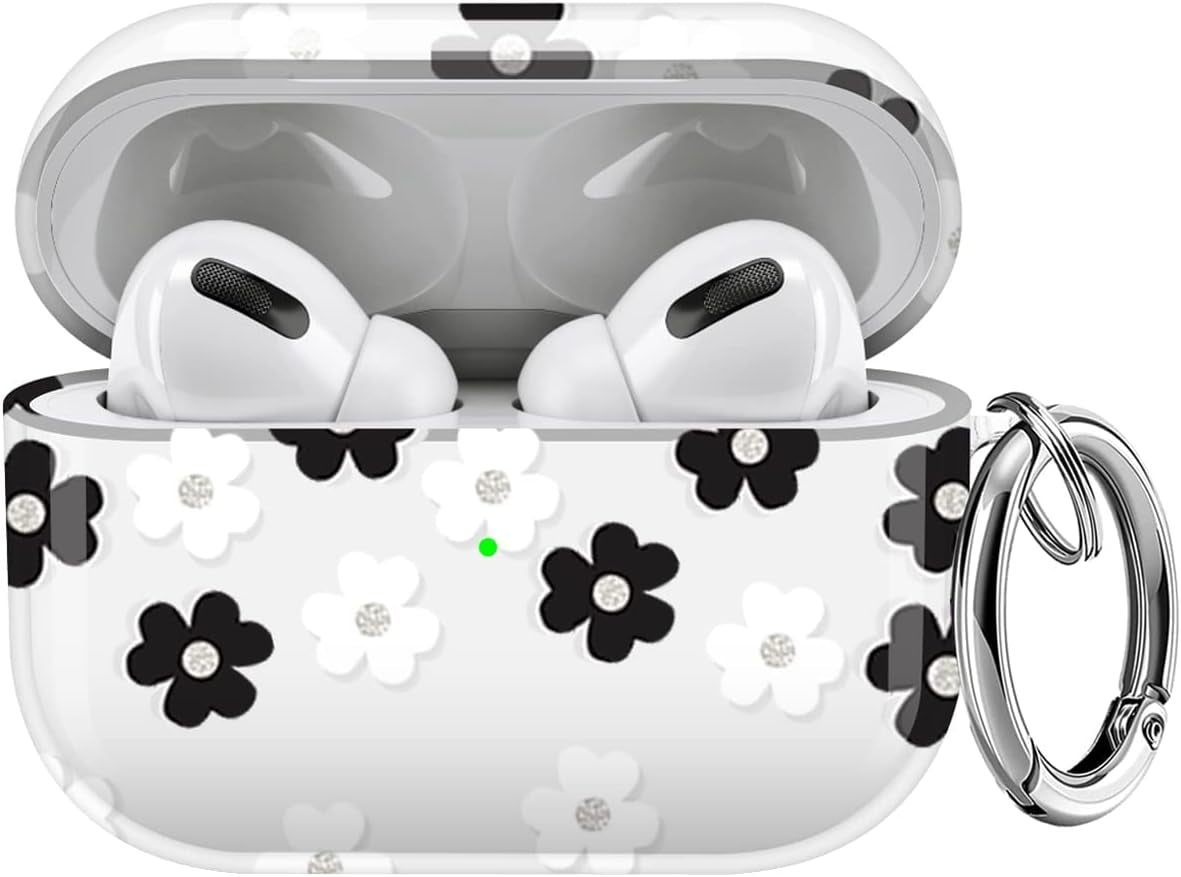 Maxjoy for Airpods Pro Case Cover, Clear Flower Pro Case for Women Men Cute Soft Protective Floral Ipod Pro Case with Keychain Clip for Airpods Pro Charging Case 2019, Transparent  Maxjoy Black + White  