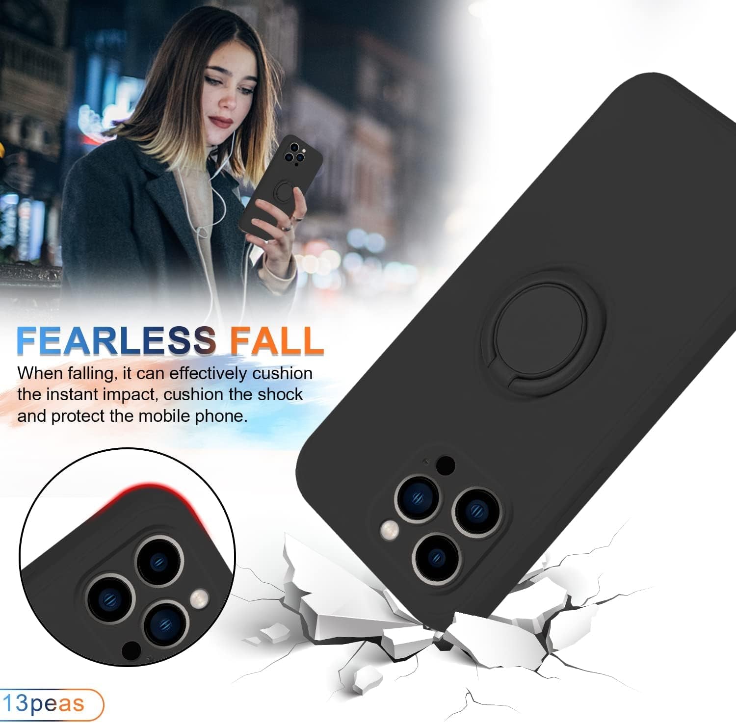 13Peas Case for Iphone 14 Pro（2022 Released）, Silicone Case with Ring 360°Rotatable Kickstand Cover Support Magnetic Car Mount，Protective Cover with Strap Lanyard (Black)  13peas   