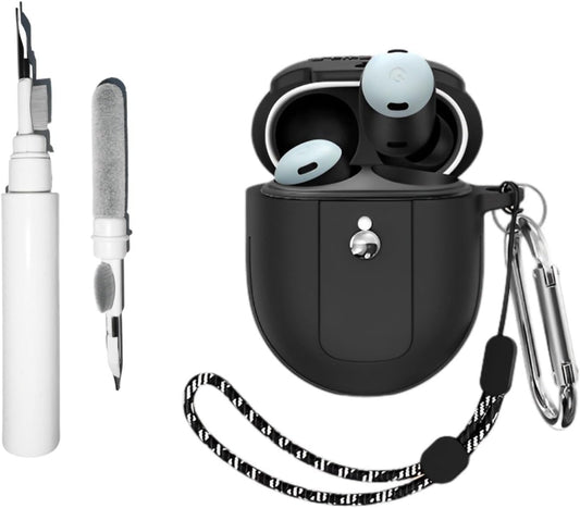 [4 in 1] Compatible for Google Pixel Buds Pro 2022 Cases with Cleaning Kit, Front LED Visible Soft Silicone Protective Cover Skin with Keychain/Lanyard  CASEVERSE   
