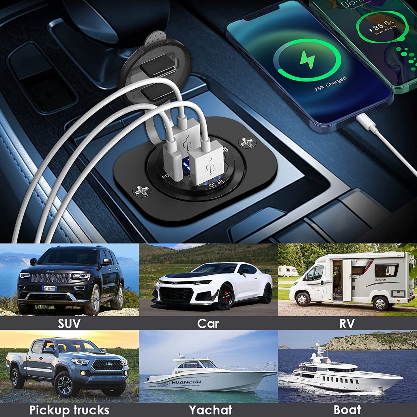 12V USB Car Charger Socket 2 Pack: Upgraded Aluminum Metal 56W 12 Volt USB Outlet PD3.0 20W USB C and Dual QC3.0 18W Multi Car USB Port with LED Voltmeter On/Off Switch for Boat Marine RV Motorcycle  Shenzhen GSG Technology Co.Ltd   