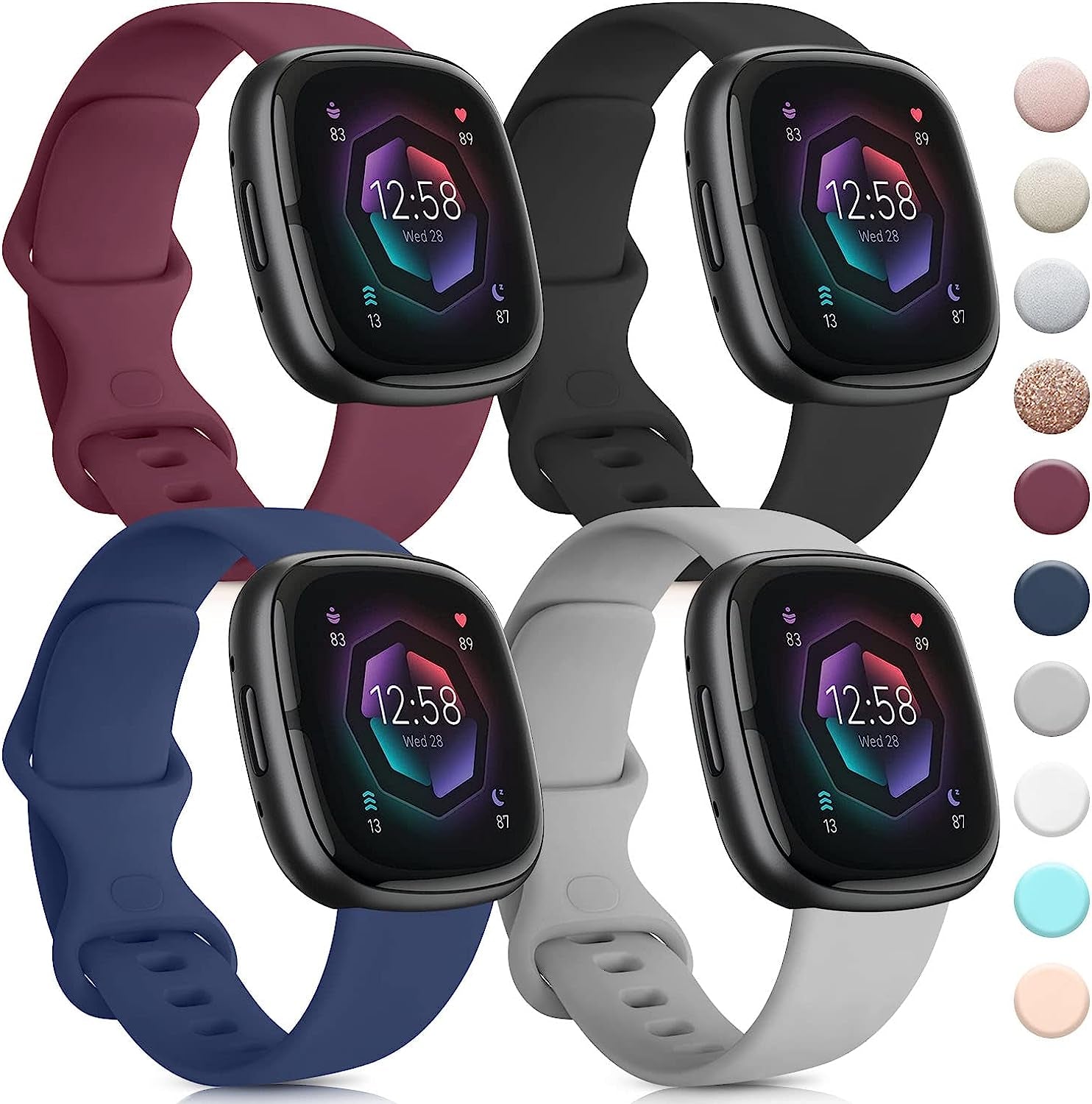 4 PACK Bands Compatible with Fitbit Sense 2 / Sense Bands/ Fitbit Versa 4/ Versa 3 Bands Women Men, Classic Soft Silicone Straps for Fitbit Sense 2 / Sense / Versa 4 / Versa 3 Smart Watch  AK Navy Blue/Wine Red/Black/Gray Large 