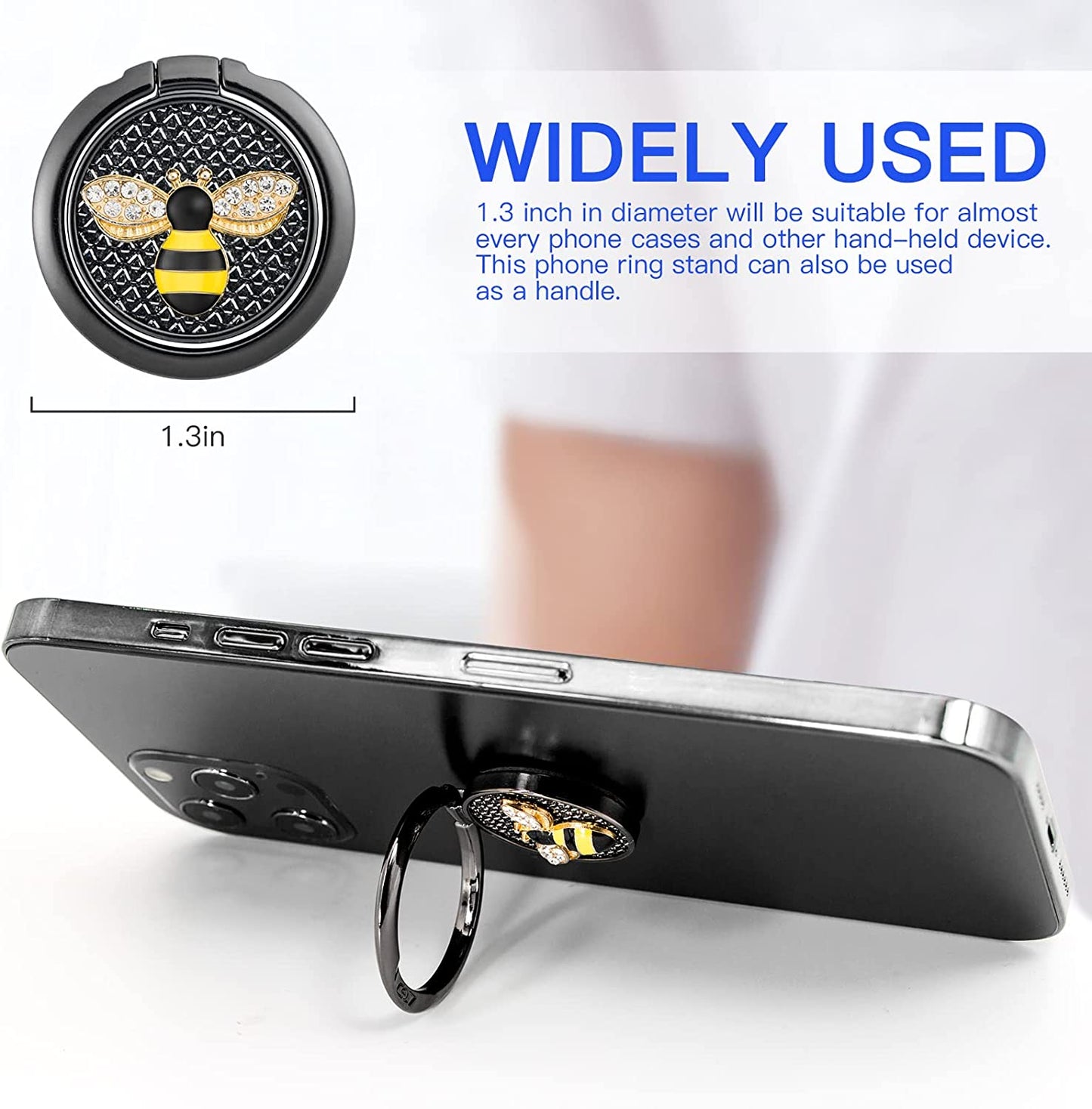 YINHEXI Phone Ring Holder Finger Kickstand, Cell Phone Ring Holder Finger Grip 360 Degree Rotation, with Crystal Stone Enamel Bee (Black)  YINHEXI   
