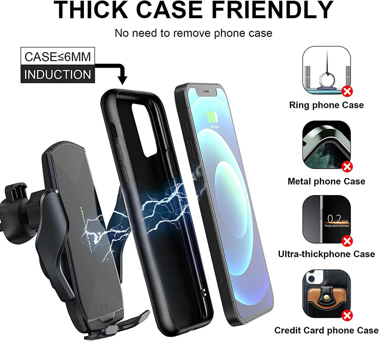 Wireless Car Charger Mount, 15W Qi Fast Charging Auto-Clamping Cell Phone Car Holder Air Vent Windshield Dashboard Long Arm Suction Cup Car Phone Mount for Iphone13 /12/11 Samsung S20/S10/S9/S8 LG  HonShoop   