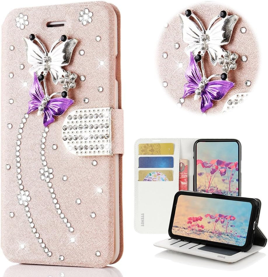 STENES LG G6 Case, LG G6 plus Case - STYLISH - 3D Handmade Bling Crystal Dance Butterfly Design Wallet Credit Card Slots Fold Stand Leather Cover Case for LG G6/LG G6 plus - Pink  STENES   
