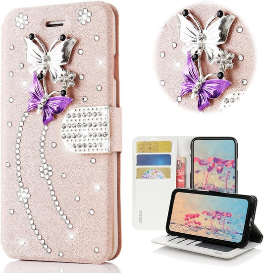 STENES LG G6 Case, LG G6 plus Case - STYLISH - 3D Handmade Bling Crystal Dance Butterfly Design Wallet Credit Card Slots Fold Stand Leather Cover Case for LG G6/LG G6 plus - Pink  STENES   