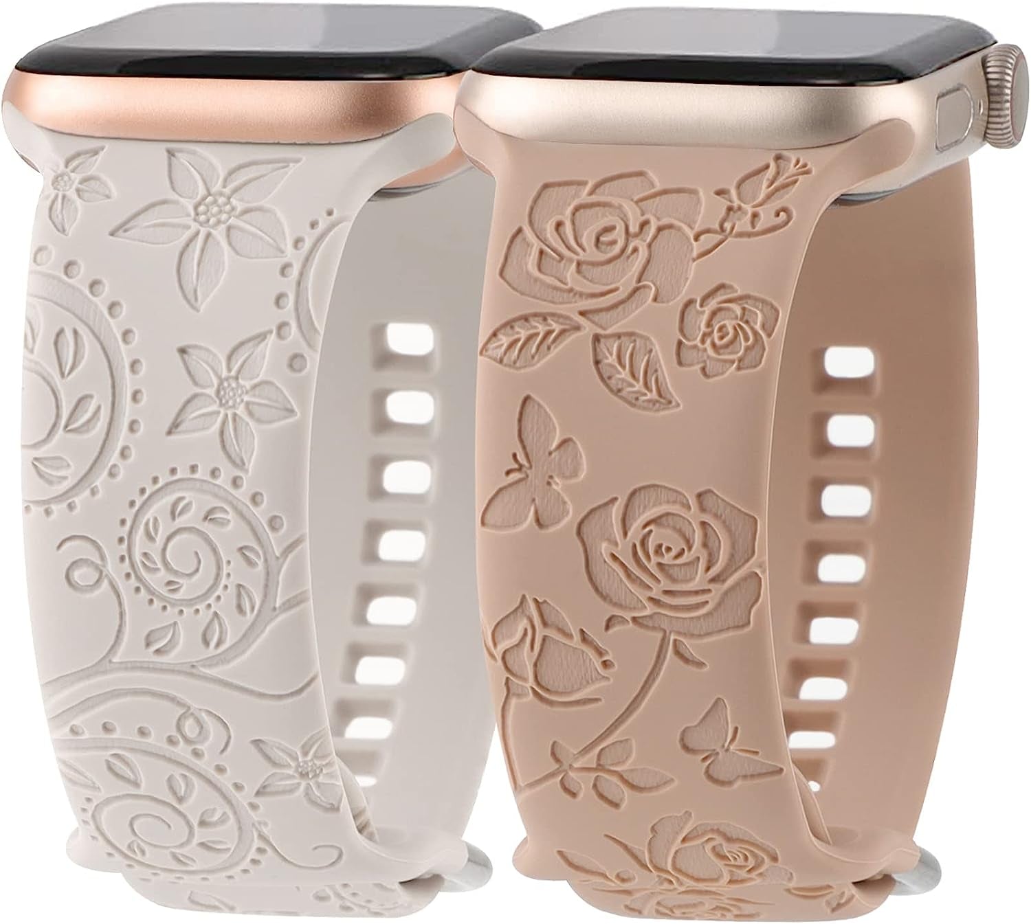 Flower Engraved Bands Compatible with Apple Watch Band 41Mm 40Mm 38Mm 44Mm 42Mm 45Mm 49Mm, Cute Women Floral Soft Silicone Sport Replacement Strap for Iwatch Series Ultra SE 8 7 6 5 4 3 2 1  TERKOWQI Starlight Walnut 42mm/44mm/45mm/49mm 