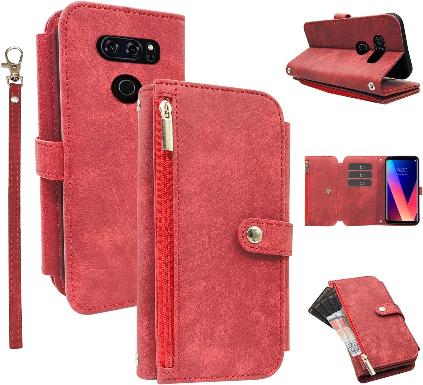 Compatible with LG V35 Thinq V30 plus Wallet Case Flip Credit Card Holder Cell Phone Cover for Folio Purse Lanyard Wrist Strap Rugged Slot Mobile LGV30 LGV35 LG30 LG35 V 30 35 V30+ V30S H931 Purple  Furiet Red  